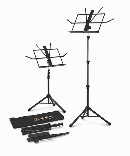 Portastand Protégé 2.0 all-metal collapsible music stand shown set up and folded, with solid tripod base and included carry bag for portable use.