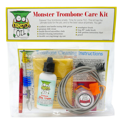Monster Oil Super Trombone Care Kit with slide cream, tuning slide grease, cleaning snake, microfibre cloth, slide chart, and durable carry case for complete trombone maintenance.