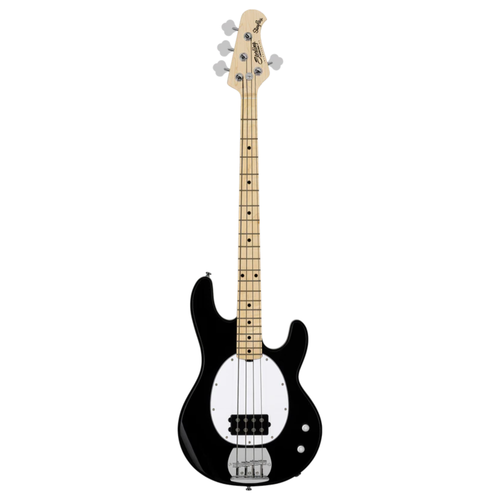 Sterling by Music Man Intro Series StingRay Bass – Black, four-string electric bass guitar with solid poplar body, white pickguard, maple neck and fingerboard, single humbucking pickup, and chrome hardware.