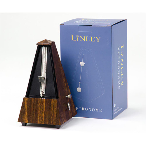 Walnut-finish pyramid-style mechanical metronome with pendulum arm and integrated bell, featuring a classic design and clear tempo scale markings.