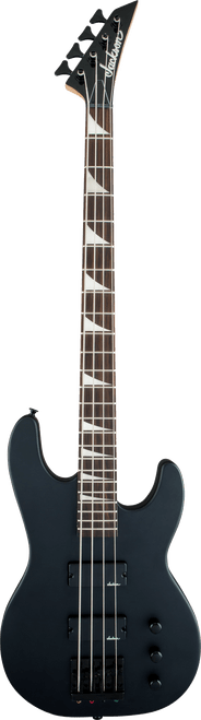 Jackson JS Series Concert Bass JS2 electric bass guitar in Satin Black, featuring dual humbuckers, maple neck, sharkfin inlays, and high-mass bridge.