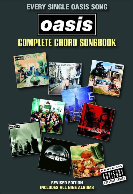 Oasis Complete Chord Songbook featuring the band name on the cover, with interior pages showing guitar chord boxes, chord symbols, and full song lyrics. Front Cover.