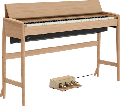 KIYOLA KF-20 digital piano with smooth, curved cabinet design, showcasing Japanese craftsmanship and natural wood finish.