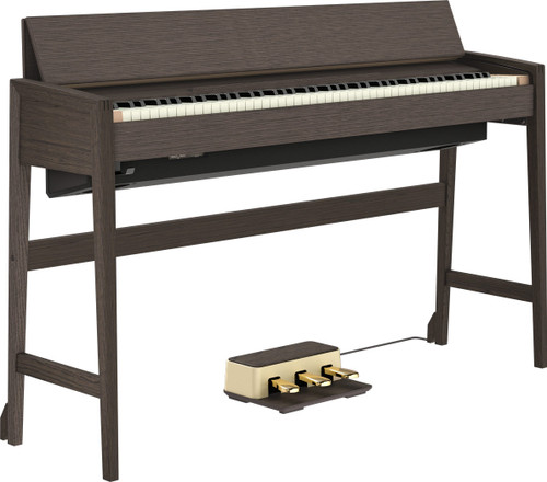 KIYOLA KF-25 digital piano in Smoked Oak finish, showcasing modern angular cabinet design and Japanese furniture craftsmanship. Open, Angle.