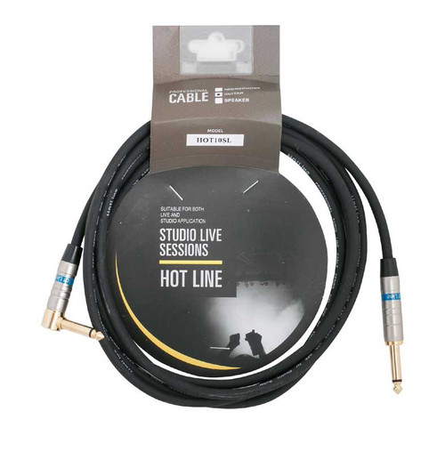 Hot Line guitar cable with straight and right angle jack plugs, shown as a black 10ft instrument lead with metal connectors.