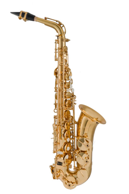 Leblanc LAS211 Eb alto saxophone in lacquer finish with ergonomic keywork, blue steel springs, and a protective hard case.