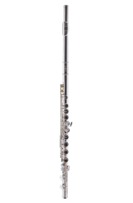 Leblanc LFL311E concert flute in Japanese nickel silver finish with closed holes, offset G, C foot joint, and pointed-arm keywork, shown with hard case.