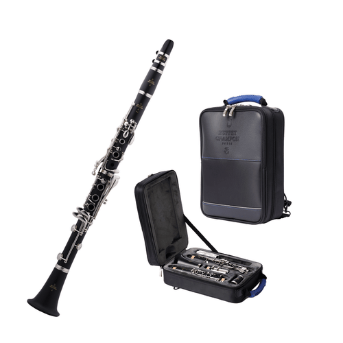 Buffet Crampon B12 Bb clarinet with black ABS resin body, nickel-plated keywork, and backpack-style gig bag.