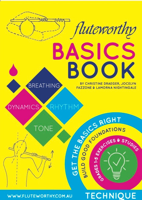Cover of Fluteworthy Basics Book for flute Grades 1–5 featuring technical exercises and study material for developing students.