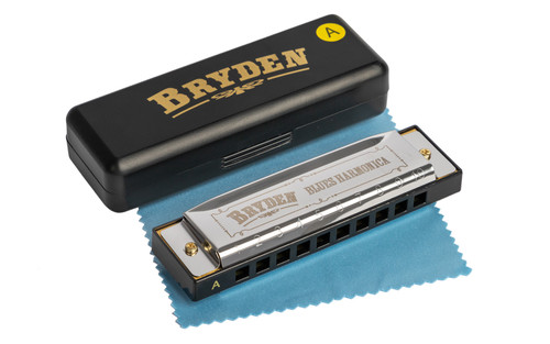 Bryden diatonic blues harmonica in the key of G with 10 holes, brass reeds and protective case. Perfect for beginners.