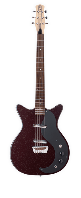 Danelectro Glitter ’59 electric guitar in maroon finish with lipstick pickups.