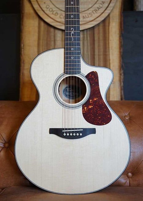 Fenech True Tone Series Grand Auditorium Cutaway acoustic guitar with solid Sitka spruce top and mahogany back and sides, handcrafted on the Gold Coast.
