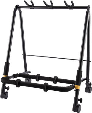 Hercules GS523B PLUS three-guitar display rack with removable casters for acoustic, electric and bass guitars.