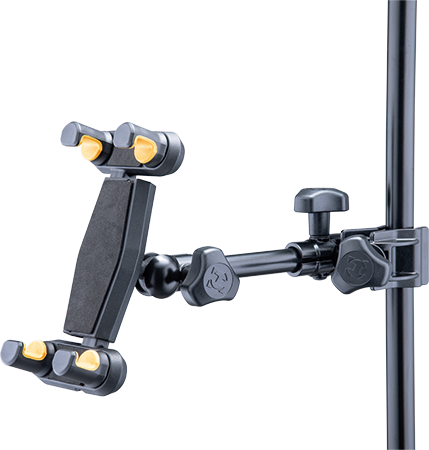 Hercules DG307B TabGrab tablet and phone holder mounted to a microphone stand.
