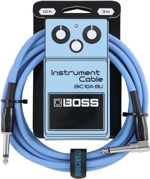 BOSS BIC-10A 10ft blue instrument cable with straight and right-angle 1/4-inch connectors.