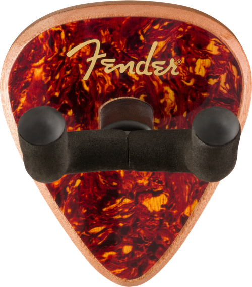 Fender 351 guitar wall hanger with pick-shaped decorative wall plate and padded pivoting headstock yoke.