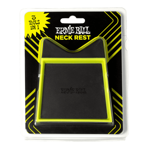 Ernie Ball Guitar Neck Rest with contoured cushioned neck cradle and built-in accessory tray for guitar and bass maintenance.