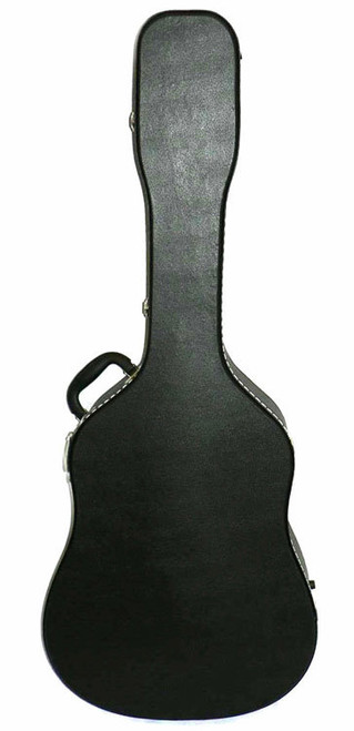 MBT black wooden dreadnought acoustic guitar hard case with chrome hardware, suitable for standard acoustic guitars and Takamine GD30 Series 12-string guitars.