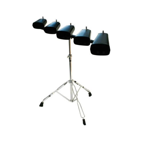 DXP five-piece cowbell set with 4, 5, 6, 7 and 9 inch cowbells mounted on a heavy-duty chrome stand.