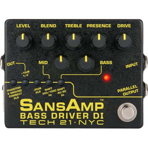 SansAmp Bass Driver DI V2 front view showing controls and footswitch