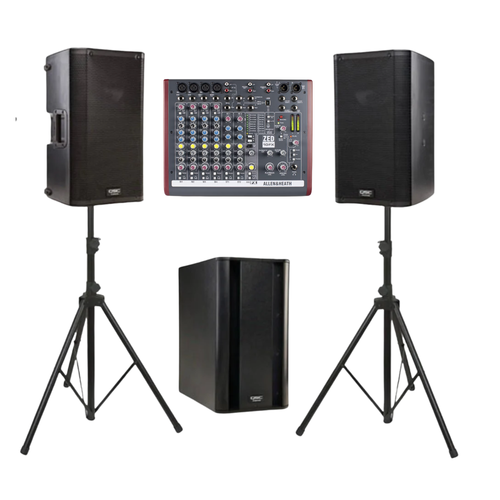 PA package with QSC K12 speakers, KSUB subwoofer, stands and ZED-10FX mixer available for hire from Mall Music Sydney.