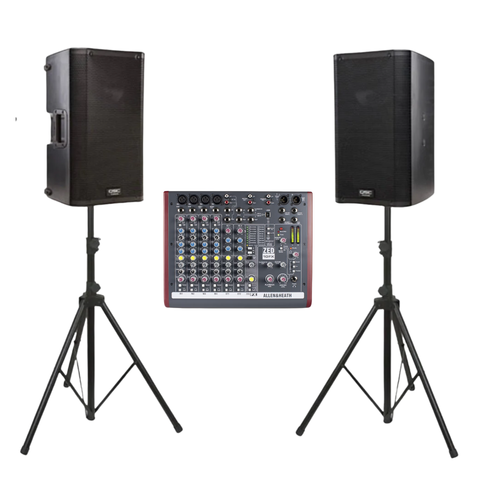 PA package with QSC K12 speakers, stands and ZED-10FX mixer available for hire from Mall Music Sydney.