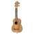 Ortega RFU10Z soprano ukulele in natural zebrawood satin finish, showing striped grain, chrome tuners with black buttons, and included deluxe gig bag.