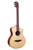 Concert-size acoustic electric guitar with cutaway body, natural wood finish, spruce top, dark ebony back and sides, abalone inlays, and onboard pickup controls.