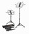 Portastand Protégé 2.0 all-metal collapsible music stand shown set up and folded, with solid tripod base and included carry bag for portable use.
