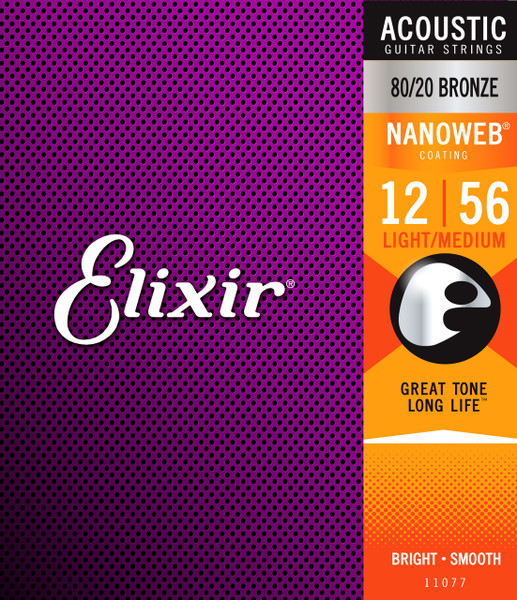 Elixir 11077 Nanoweb 80/20 Light-Med Guitar Strings 12-56