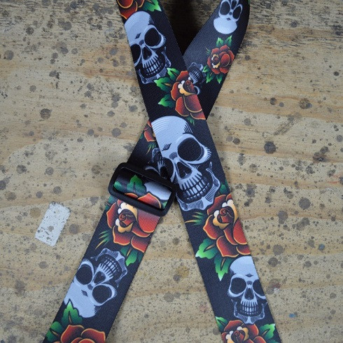 GUITAR STRAP - BLACK SKULL Colonial Leather