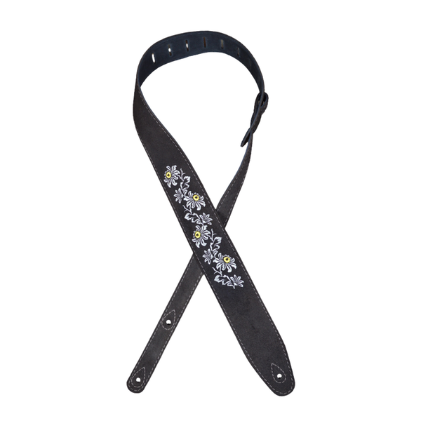 Colonial Leather Embroidered Flower & Leaves Guitar Strap – 2.5" Suede Back, Black