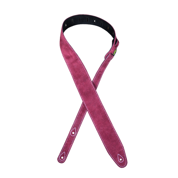 Colonial Leather Double Suede Guitar Strap in burgundy, featuring stitched suede construction, adjustable billet ends, and a soft suede backing.