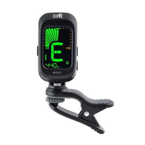 Clip-On Chromatic Tuner WTU11 with backlit LCD display attached to instrument headstock.