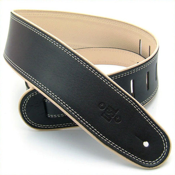 GUITAR STRAP LEATHER PIPING BLK/BEIGE DSL STRAPS