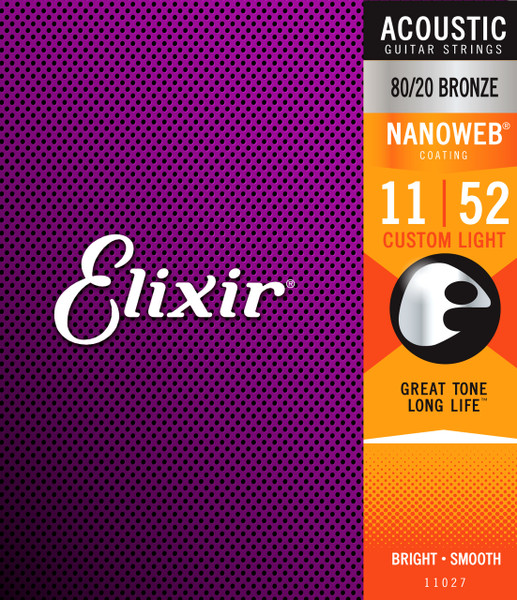 Elixir 11027 Nanoweb 80/20 Acoustic Guitar Strings Custom Light 11-52