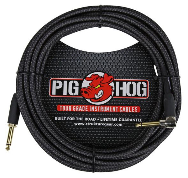 Pig Hog Instrument Cable Black Woven 20FT Right Angle FRONT