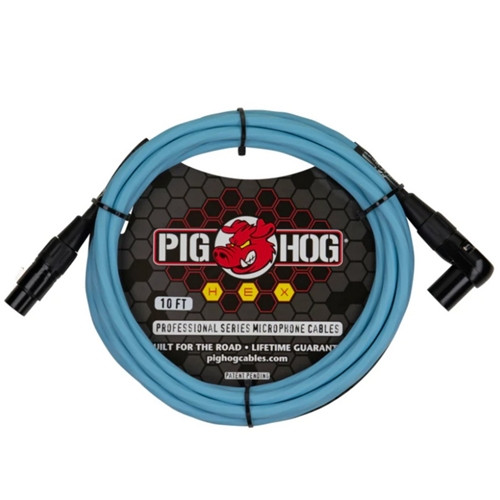 Pig Hog Hex Series Mic Cable10FT Right angle - Daphne Blue