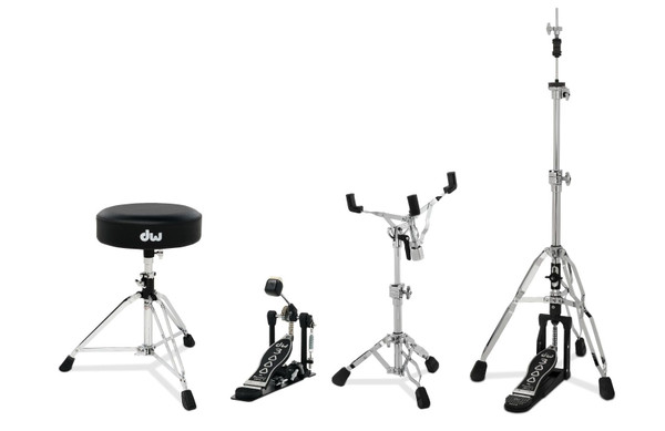 DW Hardware Pack. Inc: 3000 Series Single Pedal, 3-leg Hi-Hat Stand, Snare Stand & Stool