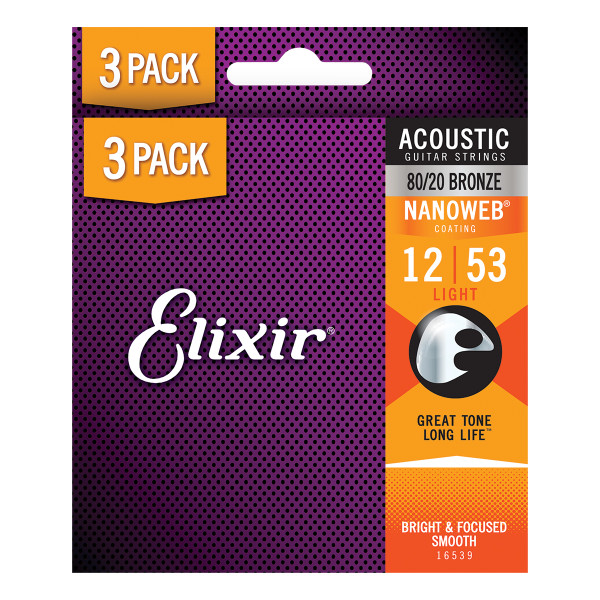 Elixir Nanoweb Acoustic 80/20 Bronze 12-53 Light (3-Pack)