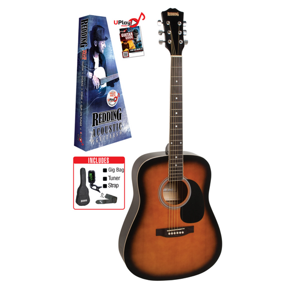 Redding RED50 dreadnought acoustic guitar in transparent tobacco sunburst gloss with spruce top and cream binding, shown with beginner-friendly styling.