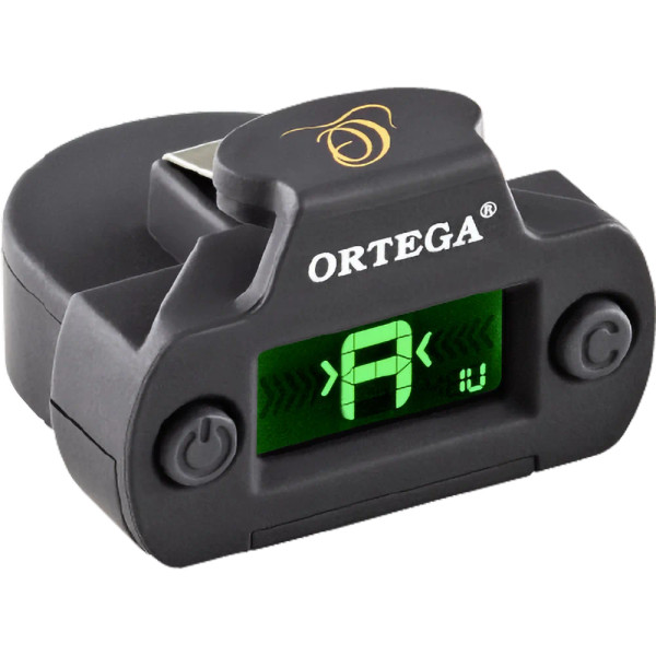 Ortega Multi-Mode Soundhole Tuner with piezo clip sensor, two-colour display, four tuning modes, and shockproof housing for guitars and ukuleles.
