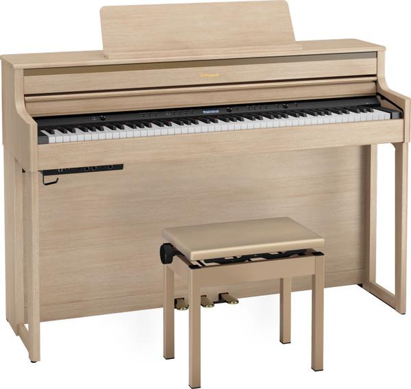Roland HP704 SuperNATURAL Digital Piano in Light Oak with matching bench, featuring PHA-50 keyboard, four-speaker projection, and elegant modern design.