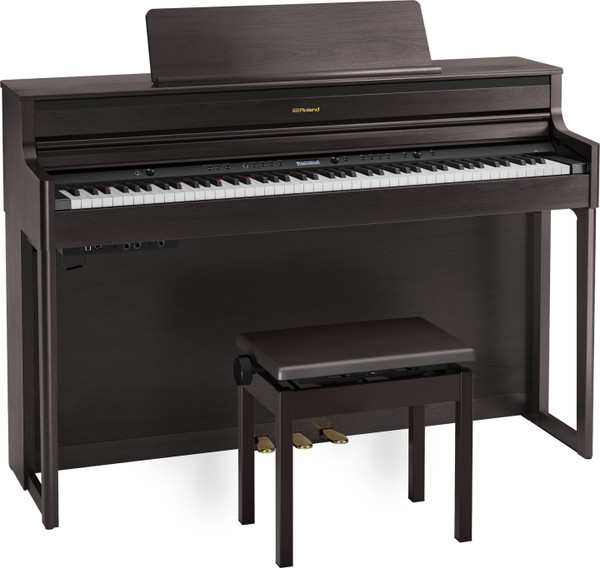 Roland HP704 SuperNATURAL Digital Piano in Dark Rosewood with matching bench, PHA-50 keyboard, four-speaker projection, and elegant cabinet design.