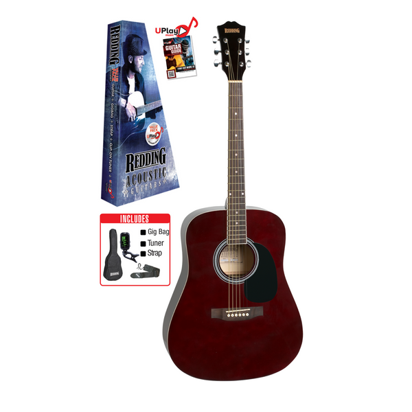 Redding RED50 dreadnought acoustic guitar in wine red with spruce top and cream binding, shown with beginner-friendly styling.