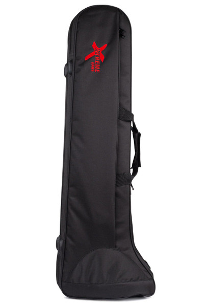 Xtreme Polyphone Trombone Case with moulded polystyrene shell, waterproof nylon cover, plush lining, dual shoulder straps, and embroidered logo.