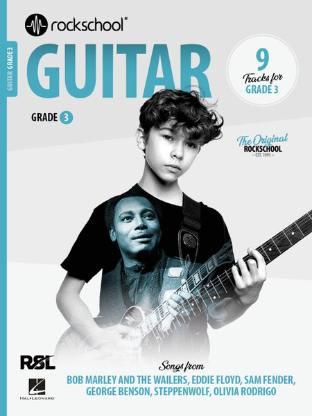 Rockschool Guitar Grade 3 2024 syllabus book cover featuring contemporary exam repertoire for electric guitar.