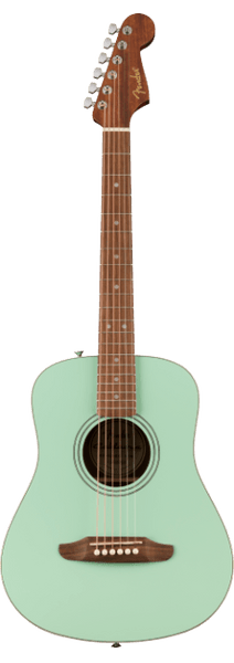 Fender California Standard Redondo Mini Acoustic Guitar in Surf Green gloss finish with padded gig bag, featuring dreadnought shape and 6-in-line headstock.
