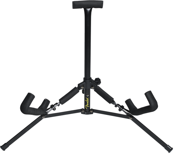 Fender Acoustic Guitar Mini Stand in black satin finish with telescoping neck rest, foam padding, and foldable design suitable for most acoustic guitars.