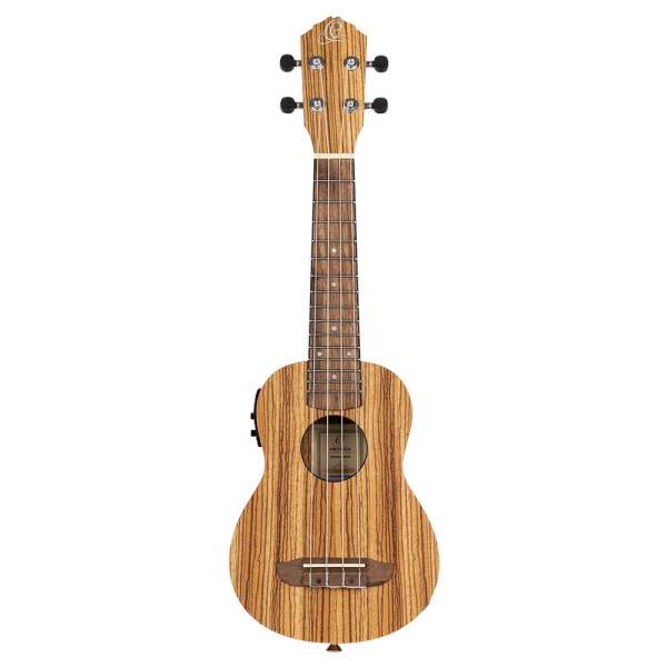 Ortega RFU10ZE soprano ukulele in natural zebrawood satin finish, shown with chrome tuners, walnut fingerboard and included deluxe gig bag.